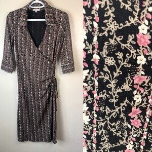 RUBY Black Pink Cottagecore Fairy Faux Wrap Cinched Midi Dress Size M